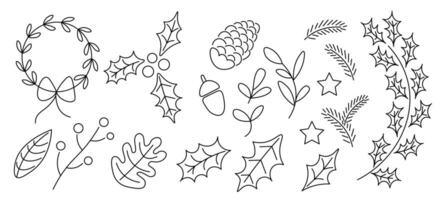 Christmas and New Year floral botany elements set in line doodle style vector