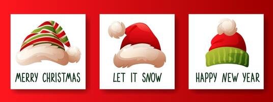 Set of Christmas cards, Happy New Year cards with red Santa Claus hats and inscriptions. Merry Christmas and Happy New Year greetings in the form of a square card. vector