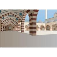 illustration of Canakkale, Turkey. anakkale 18 Mart Hatime Ana Grand Mosque, symmetrical view of the columns and arched structures in the courtyard. vector