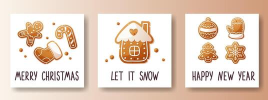 Set of Christmas cards, Happy New Year cards with gingerbread cookies, gingerbread and inscriptions. Merry Christmas and Happy New Year greetings in the form of a square card. vector