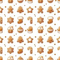 New Year seamless pattern with gingerbread cookies of different shapes with white icing on a white background. Cute design for Christmas packaging, textiles, wallpapers and backgrounds. vector