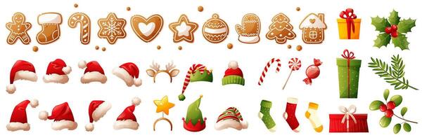 Collection of bright Christmas objects, attributes, symbols of Christmas and happy new year. Candy canes, gingerbread, gift box, Santa's hat, green plants with red berries, fir tree. vector