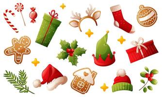 Collection of bright Christmas objects, attributes, symbols of Christmas and happy new year. Candy canes, gingerbread, gift box, Santa's hat, green plants with red berries, fir tree. vector