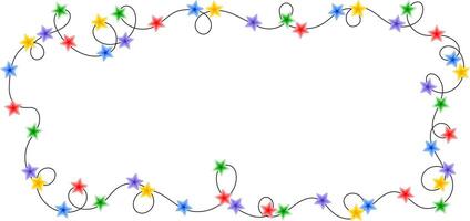 Christmas colorful multicolored lights curly string garland horizontal rectangular frame doodle hand drawn illustration, flat cartoon image for winter New Year holiday, birthday events design vector