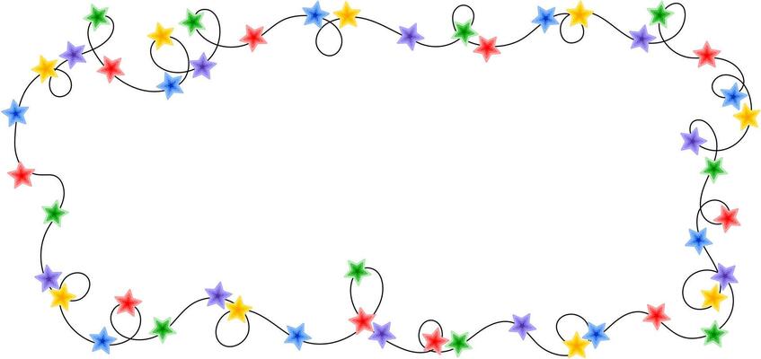 Christmas colorful multicolored lights curly string garland horizontal rectangular frame doodle hand drawn illustration, flat cartoon image for winter New Year holiday, birthday events design