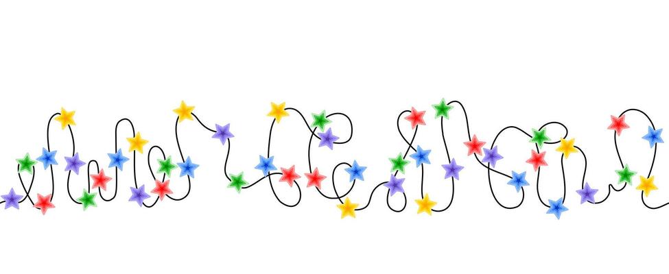 Christmas colorful multicolored lights curly string garland horizontal seamless border doodle hand drawn illustration, flat cartoon image for winter New Year holiday, birthday events design