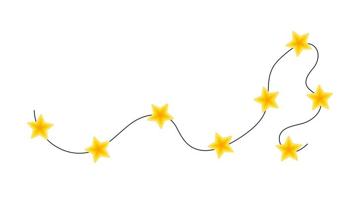 Christmas colorful bright yellow star lights curly string garland simple doodle hand drawn, flat style cartoon image for winter New Year holiday, birthday events design