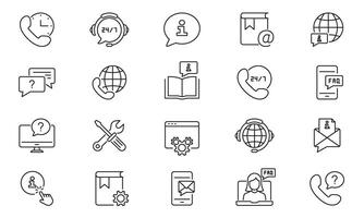Customer Support Services Line Icon Set. Global Communication and FAQ Tools Outline Symbol Collection. 24 7 Assistance Sign. Editable Stroke. Isolated Illustration vector