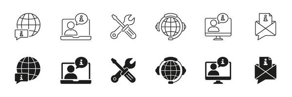 Global Support and Information Services Line and Silhouette Icon Set. Communication Tools Symbol Collection. Customer Support and Technical Assistance. Isolated Illustration vector