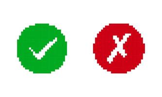 Correct and Wrong Indicators. Approval and Rejection Symbol in Pixel Art Style. Green Check and Red Cross Icon for Approval and Rejection in UI Design. Isolated Illustration vector