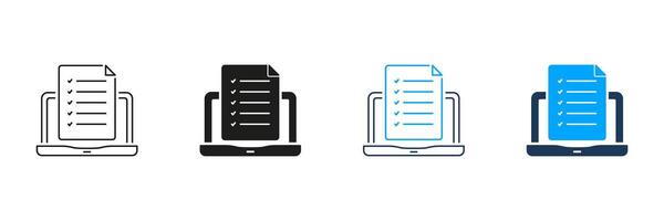 Online Test On Laptop Line and Silhouette Icon Set. Computer With Checklist Pictogram. Survey Check List, Questionnaire Symbol. Application Form Sign. Editable Stroke. Isolated Illustration vector