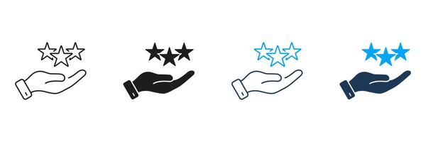 Hand Holds Stars Line and Silhouette Icon Set. Best Feedback Concept. Positive Review, Good Quality Service Symbol. Client Experience. Editable Stroke. Isolated Illustration vector