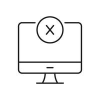 Computer Monitor with Cross Sign Line Icon. Error or Cancel Action on Desktop Screen Outline Symbol. Editable Stroke. Isolated Illustration vector