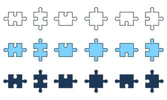 Puzzle Pieces Fit Line and Silhouette Icon Set. Business Strategy, Teamwork, Brainstorming Concept. Editable Stroke. Isolated Illustration vector