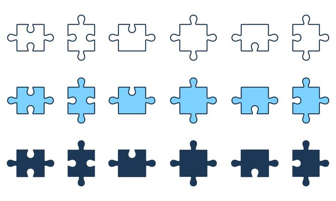 Puzzle Pieces Fit Line and Silhouette Icon Set. Business Strategy, Teamwork, Brainstorming Concept. Editable Stroke. Isolated Illustration