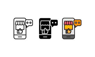 Smartphone icons for storefront, chat, thumbs up. Suitable for app development, user communication, and positive feedback design projects. vector