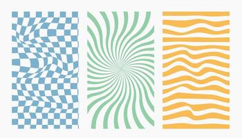 Groovy hippie 70s backgrounds set. Chessboard and twisted patterns. Backgrounds in trendy retro trippy style. Twisted and distorted texture in trendy retro psychedelic style vector