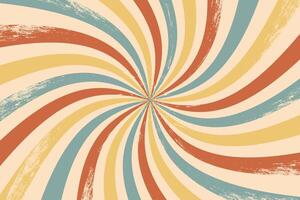 Retro spiral background pattern. Rotating sunlight. Psychedelic radial explosion with grunge texture. 70s hypnotic starburst illustration. Abstract classic colored circle background vector