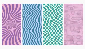 Set of psychedelic checkerboard background with warped grid tile, tunnel, spiral and swirl. Checkered seamless geometric pattern in groovy y2k style. Chessboard poster with twisted or distorted effect vector
