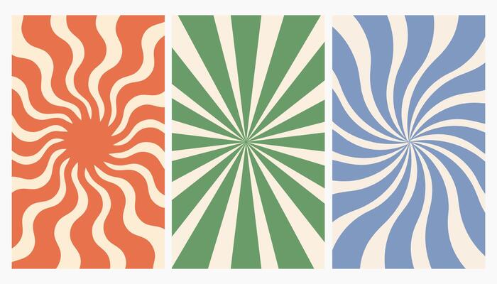 Set of groovy retro backgrounds. Vertical posters with swirl. Trendy backgrounds in retro psychedelic style