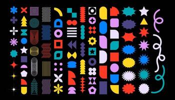 Collection of colorful brutal contemporary elements spiral flower star oval circle and other shapes. Abstract minimal geometric elements shapes and grids set. Brutalist design. vector