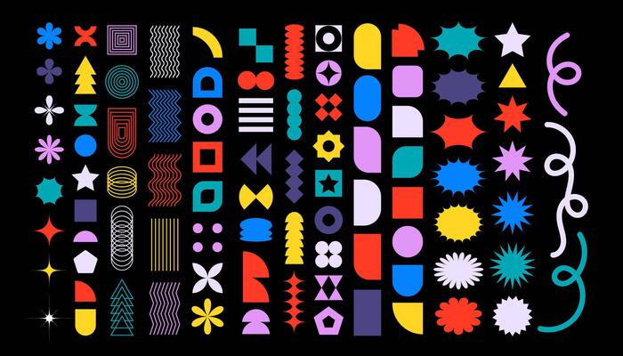 Collection of colorful brutal contemporary elements spiral flower star oval circle and other shapes. Abstract minimal geometric elements shapes and grids set. Brutalist design.