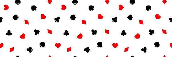 Playing Card Symbols web banner, seamless pattern on white background. Casino Texture vector