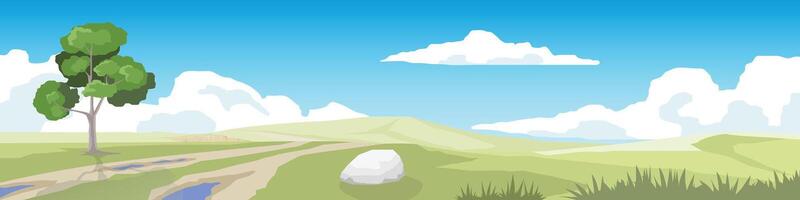 Flooded dirt road on a hillside. Wide open green grasslands and alternating mountain ranges. Tree growing alone on the side of the road. Under blue sky and white clouds. vector