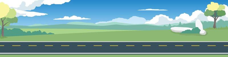 Landscape view of green hills for banner. Asphalt road near the meadow with green hills under clear sky. scattered trees and grass. Copy Space Flat . vector