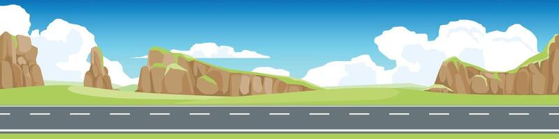 Horizontal view of empty asphalt road. Background of hill with a large cliff. and the mountain ranges far away. Under the white clouds and blue sky. vector