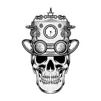 black and white illustration of a skull wearing a steampunk style hat vector