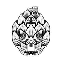 hand drawn illustration of hops combined with dwarf house vector