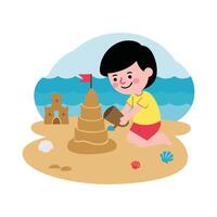 A boy is building a sand castle on the beach vector