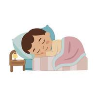 A little boy sleeping in bed with a lamp vector