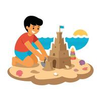 A boy is building a sand castle on the beach vector