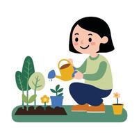 A woman watering plants in the garden vector