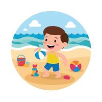 A cartoon boy playing with a ball on the beach vector