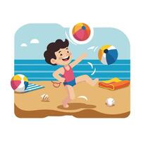 A boy playing with a beach ball on the beach vector