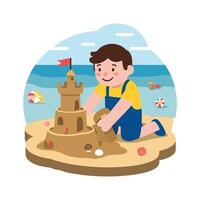 A boy is building a sand castle on the beach vector