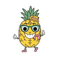 A cartoon pineapple with glasses and a hat vector