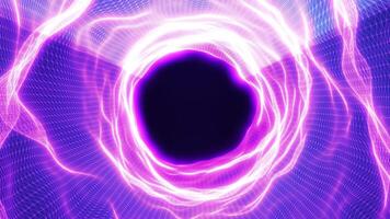 Digital futuristic tunnel or travel through time and space at high speed, moving bright neon lines. High tech corridor, warp speed video