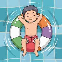 Happy child relaxing on a pool float with hands behind head vector