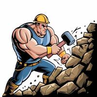 Muscular worker breaking rocks with a sledgehammer. vector