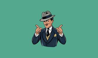 Confident man in suit and fedora pointing with both hands. vector