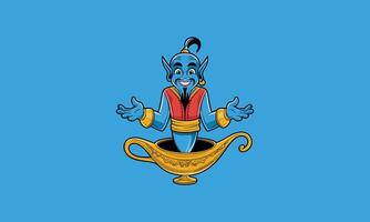 Friendly genie emerging from a magic lamp, arms open vector