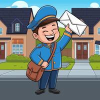 Smiling mailman holding an envelope in neighborhood scene. vector