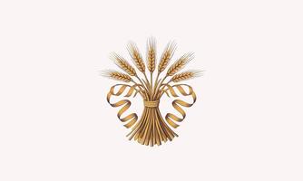 Golden wheat bundle with ribbon, symbol of agriculture. vector