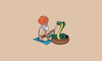 Snake charmer playing for a cobra in a basket vector