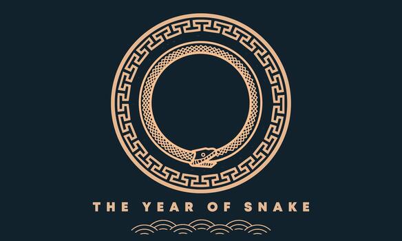 Greeting the Year of Snake, ornament for Imlek background banner concept with Ouroboros symbol which represents the harmony of contrary forces vector