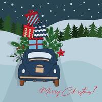 New Year illustration for Christmas with a car, a tree and gifts. Illustration in a drawing style. vector